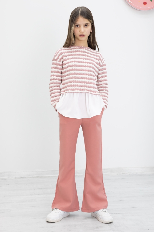 Pembe Çizgili Bluzlu İspanyol Paça Pantolonlu Kız Çocuk 2li Takım 19987