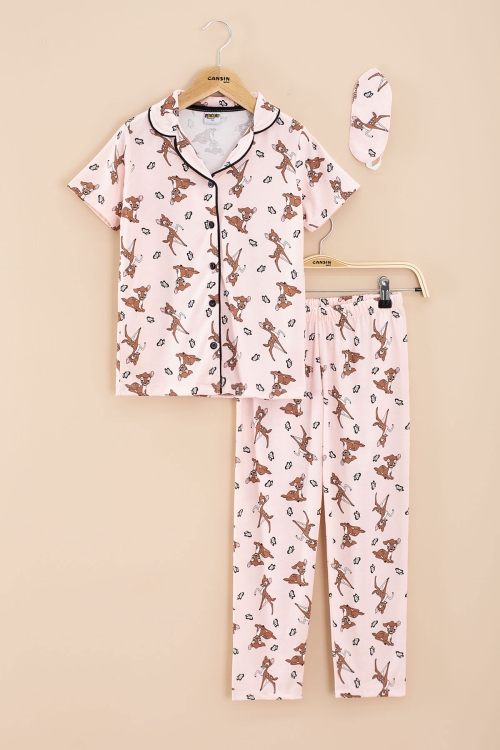 Pembe Geyik Desenli Kısa Kol Kız Çocuk Göz Bantlı Pijama Takımı 20568