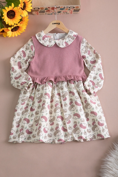 Pembe Kirpi Desenli Süveterli Kız Çocuk Elbise 20222