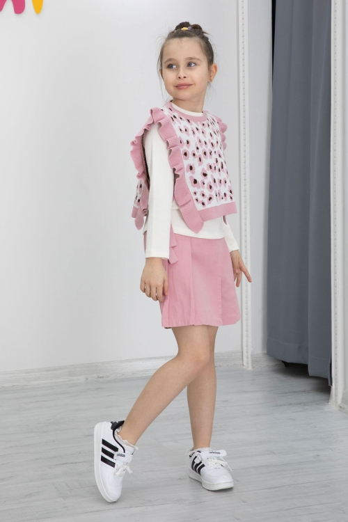 Pembe Leopar Desenli Süveterli Şort Etekli Kız Çocuk Badili 3lü Takım 20499