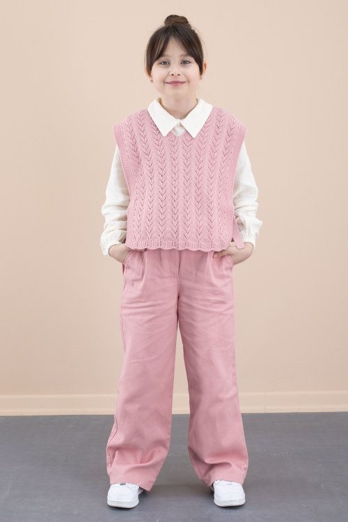 Pembe Örgü Süveterli Müslin Gömlekli Kız Çocuk 3lü Alt Üst Takım 20537