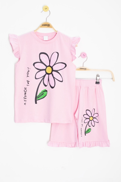 Pembe Papatya Baskılı Fırfır Detaylı Kız Çocuk Şortlu 2li Takım 20602