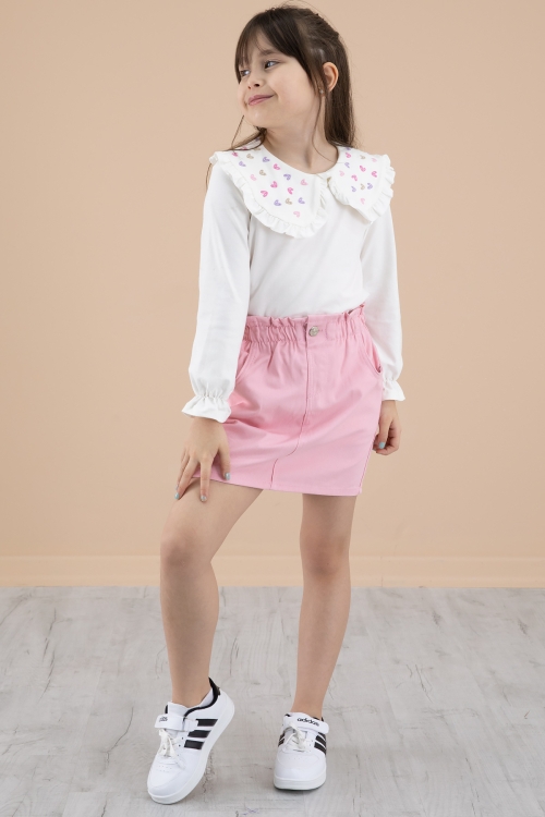 Pembe Yakası Kalp Nakışlı Badili Jean Etekli Kız Çocuk Takım 20332