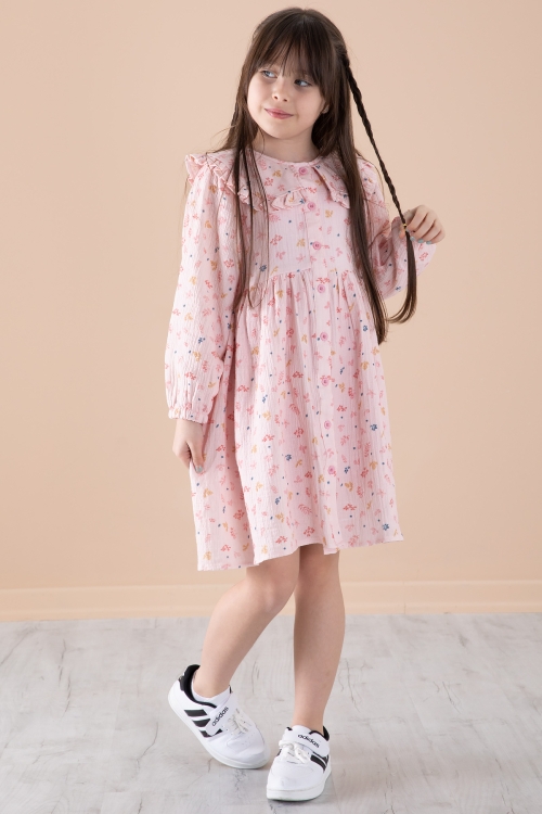 Pembe Yaprak Desenli Düğmeli Müslin Kız Çocuk Elbise 20308