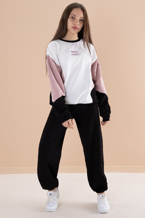 Siyah Angels Yazılı Bisiklet Yaka Kız Çocuk Eşofman Takımı 19973