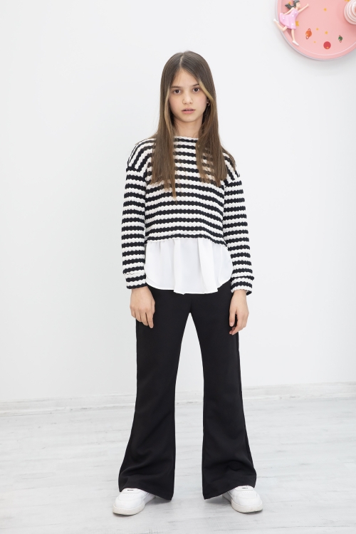 Siyah Çizgili Bluzlu İspanyol Paça Pantolonlu Kız Çocuk 2li Takım 19986