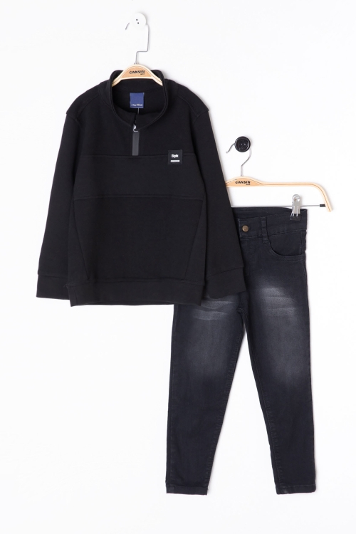 Siyah Fermuar Yakalı Sweatshirt ve Jean Pantolonlu Erkek Çocuk Takım 20107