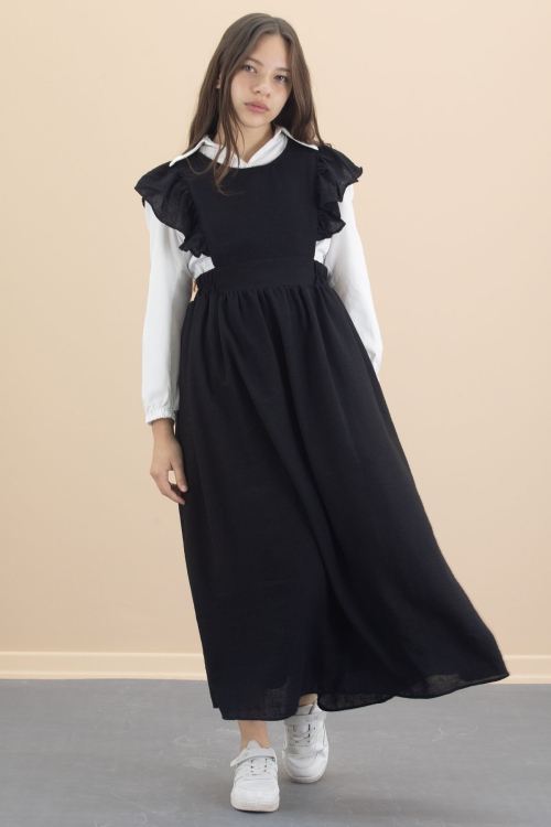 Siyah Fırfır Detaylı Uzun Kol Gömlekli Kız Çocuk Uzun Kesim Elbise 20554