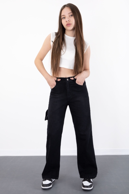 Siyah Geniş Paça Beli Lastikli Kız Çocuk Jean Pantolon 20484