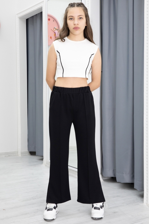 Siyah Geniş Paça Yırtmaçlı Kız Çocuk Pantolon 20283