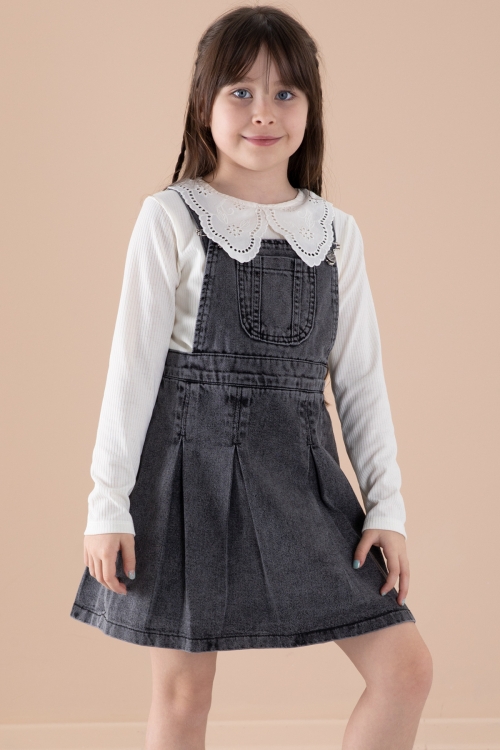 Siyah Jean Salopetli ve Dantel Badili Kız Çocuk 2li Takım