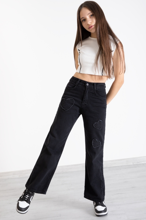 Siyah Kalp Nakış Detaylı Geniş Paça Kız Çocuk Jean Pantolon 20361