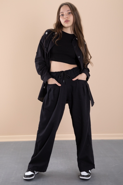 Siyah Kız Çocuk Croplu Taşlı Gömlek ve Pantolonlu 3lü Takım 20471