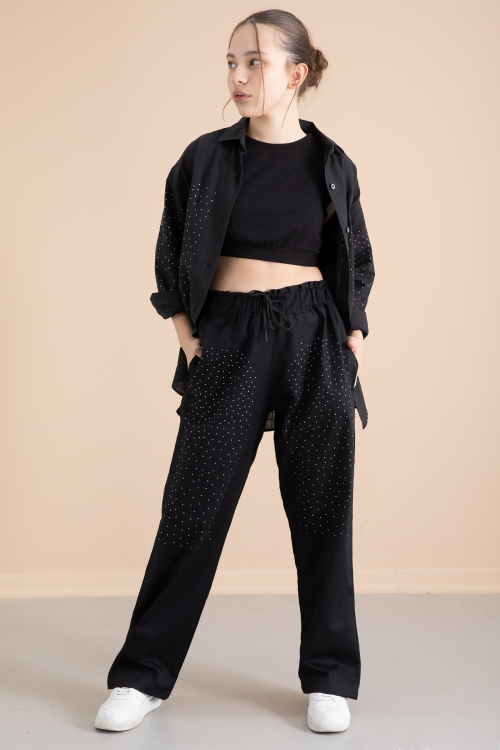 Siyah Kız Çocuk Taş Detaylı Croplu 3lü Takım 20385