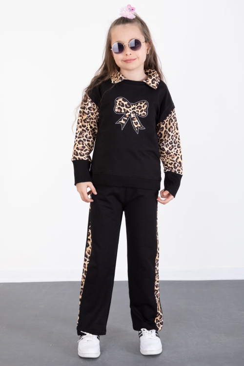 Siyah Leopar Şerit Detaylı Fiyonk Desenli Kız Çocuk Alt Üst 2li Takım 20525