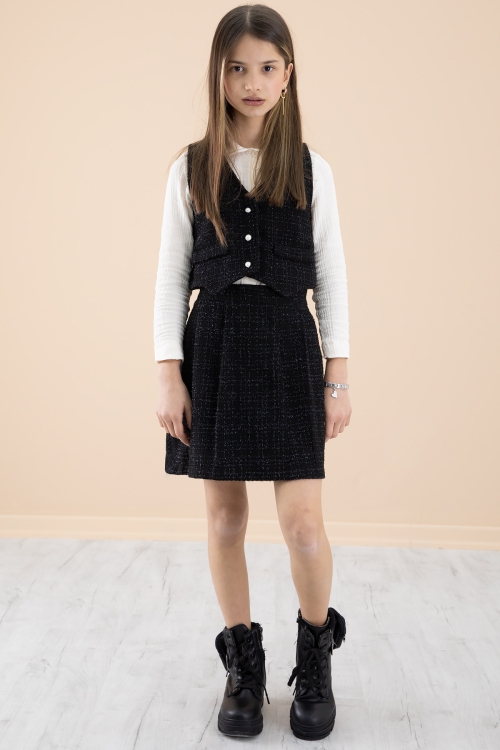 Siyah Simli Yelekli Etekli Kız Çocuk Gömlekli 3lü Takım 20233