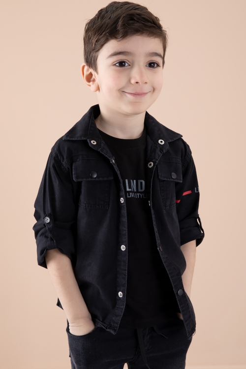 Siyah Sırtı Baskılı Jean Gömlekli Tişörtlü Erkek Çocuk 2li Takım 20270