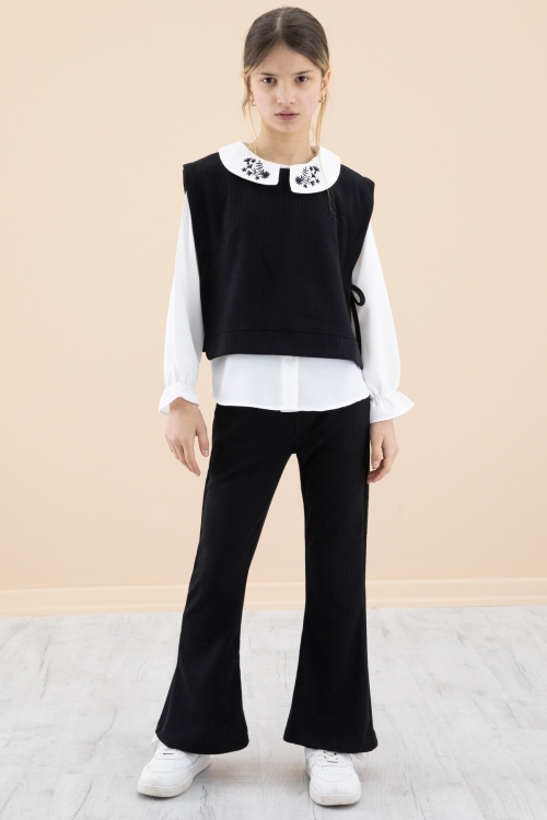 Siyah Yakası Nakışlı Gömlekli Süveterli Kız Çocuk 3lü Takım 20268