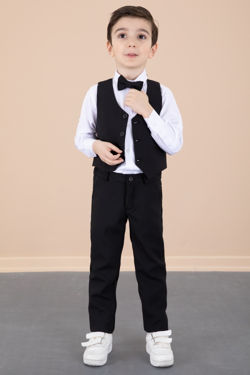 Siyah Yelekli Papyonlu Gömlekli Kumaş Pantolonlu Erkek Çocuk Takım Elbise 20429