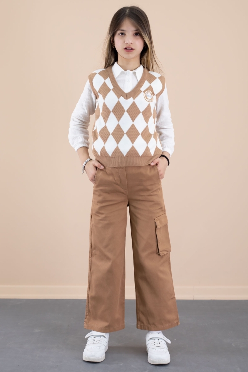 Taba Baklava Desenli Süveterli Gömlekli Kız Çocuk 3lü Takım 20532