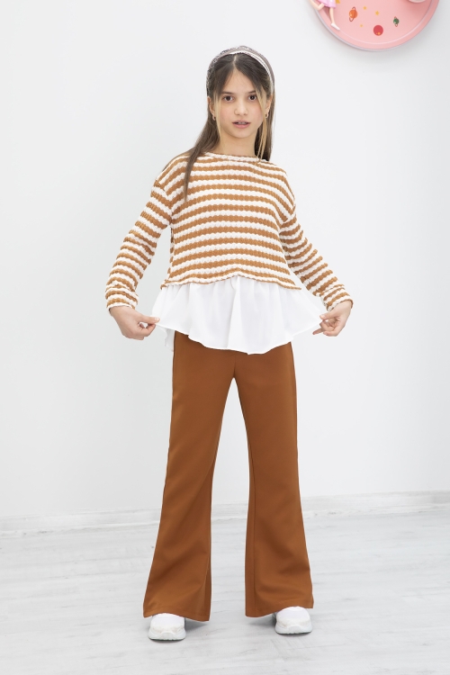 Taba Çizgili Bluzlu İspanyol Paça Pantolonlu Kız Çocuk 2li Takım 19983