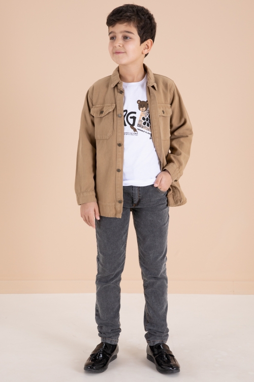 Taba Göğüs Cepli Gömlekli Jean Pantolonlu Erkek Çocuk 3lü Takım 19968