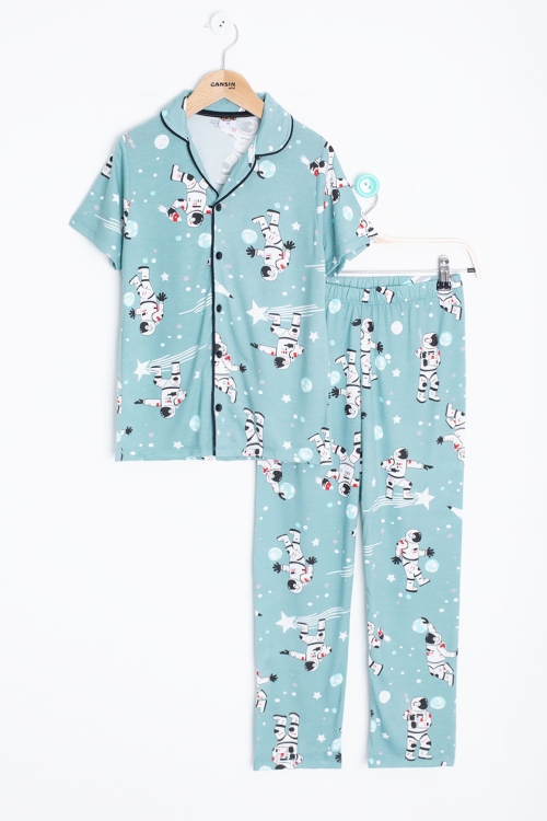 Yeşil Astronot Baskılı Kısa Kollu Erkek Çocuk Pijama Takımı 20569