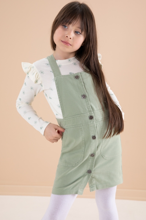 Yeşil Çiçek Desenli Badili 2li Kız Çocuk Salopet Takım 20182