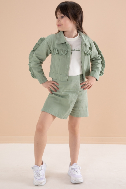 Yeşil Fırfır Detaylı Jean Ceketli Şort Etekli Kız Çocuk 3lü Takım 20171