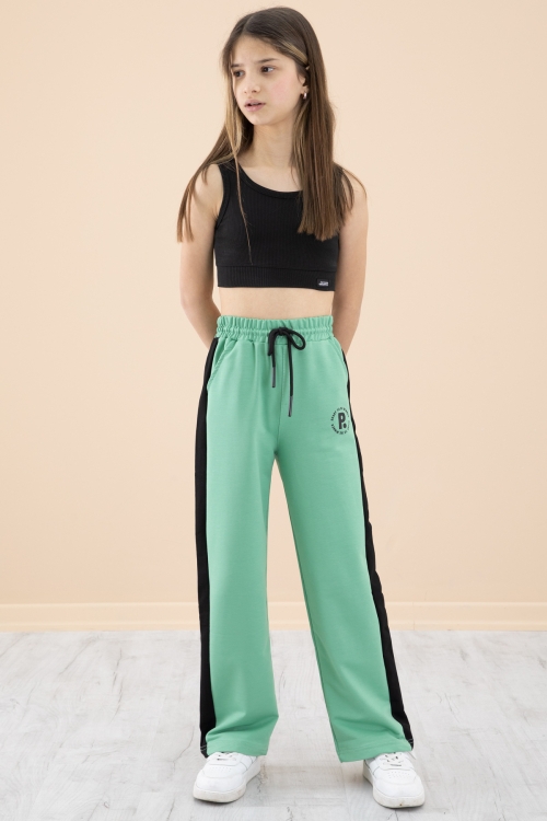 Yeşil Garnili Geniş Paça Kız Çocuk Beli Lastikli Eşofman Altı 20193