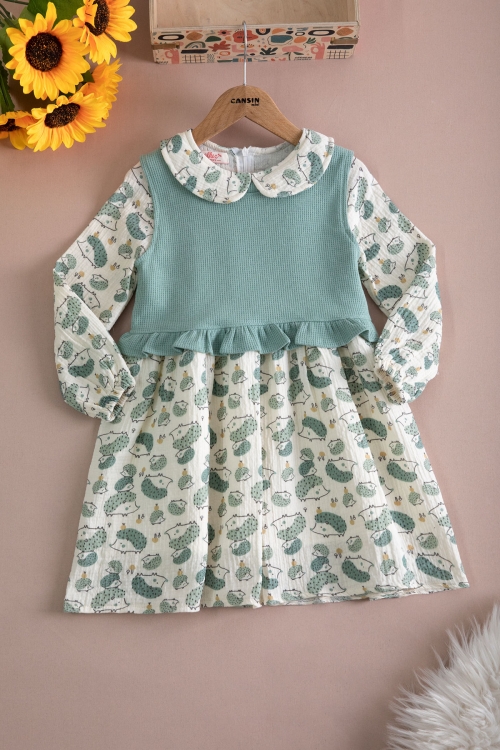 Yeşil Kirpi Desenli Süveterli Kız Çocuk Elbise 20223