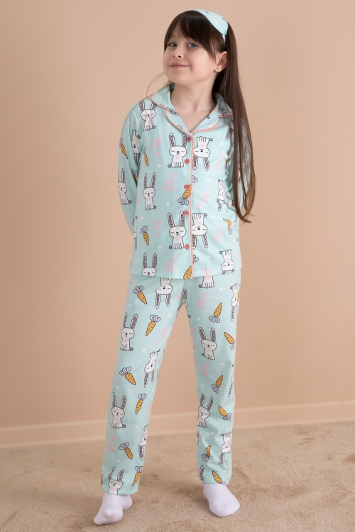 Yeşil Tavşan Baskılı Kız Çocuk Pijama Takımı 20124