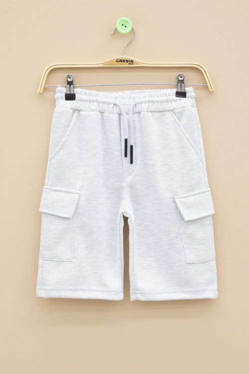 Açık Gri Beli Lastikli Çift Kargo Cepli Erkek Çocuk Şort 21177