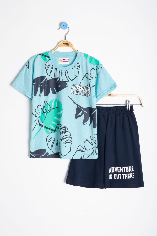 Açık Mavi Yaprak Baskılı Bisiklet Yaka Erkek Çocuk 2li Şortlu Takım 21061