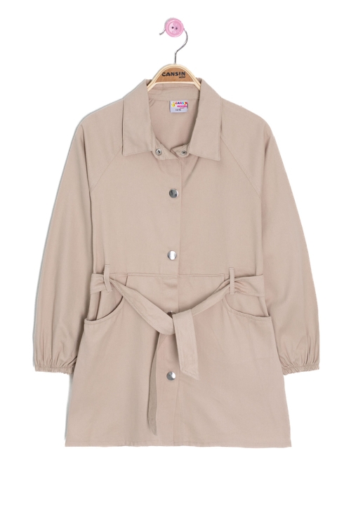 Bej Çıtçıt Kapamalı Kuşaklı Kız Çocuk Keten Elbise 20693