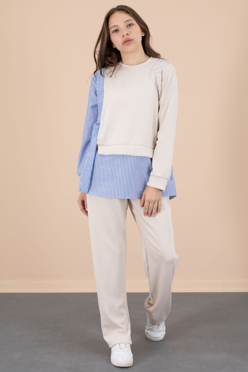 Bej Çizgi Desenli Taş Detaylı Bluzlu Kız Çocuk Kuşaklı Pantolonlu 2li Takım 20658