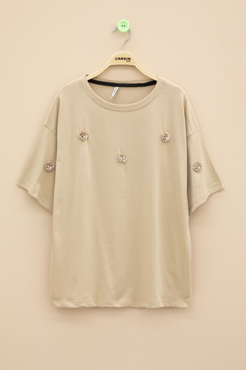 Bej Gül Nakış Detaylı Kısa Kol Kız Çocuk Oversize Tişört 20807