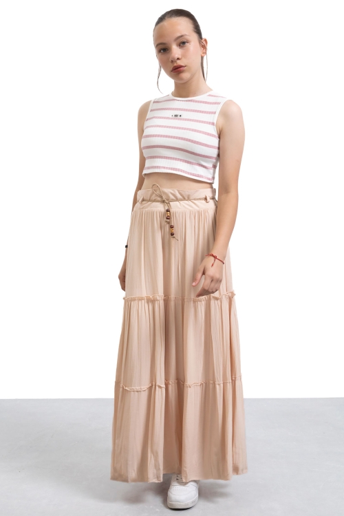 Bej Hasır Kemerli Uzun Kesim Kırışmalı Kız Çocuk Etek 21129