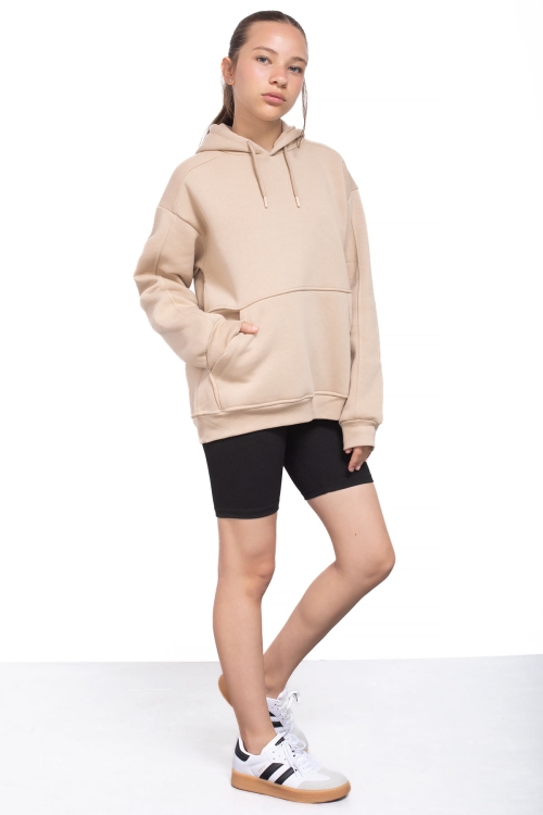 Bej Kanguru Cepli Basic Şardonlu Kız Çocuk Kapüşonlu Sweatshirt 21209