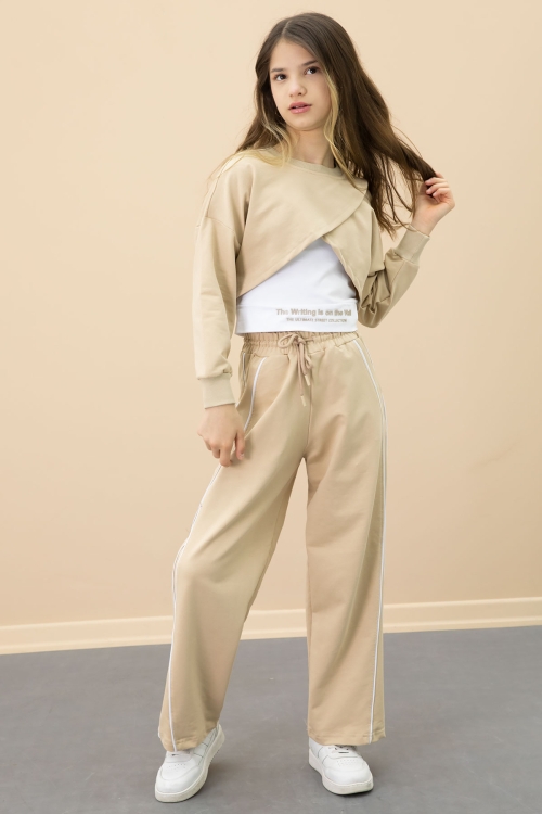 Bej Şerit Detaylı Geniş Paça Croplu Kız Çocuk 3lü Takım 20703