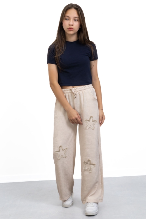 Bej Yıldız Nakışlı Geniş Paça Rahat Kumaş Kız Çocuk Pantolon 21149
