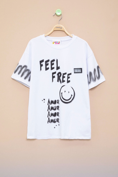 Beyaz Cep Detaylı Yazı Baskılı Erkek Çocuk Bisiklet Yaka Tişört 21020