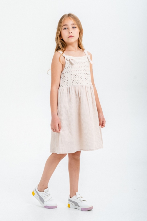 Bej Dantel Detaylı Müslin Kız Çocuk Elbise 21083