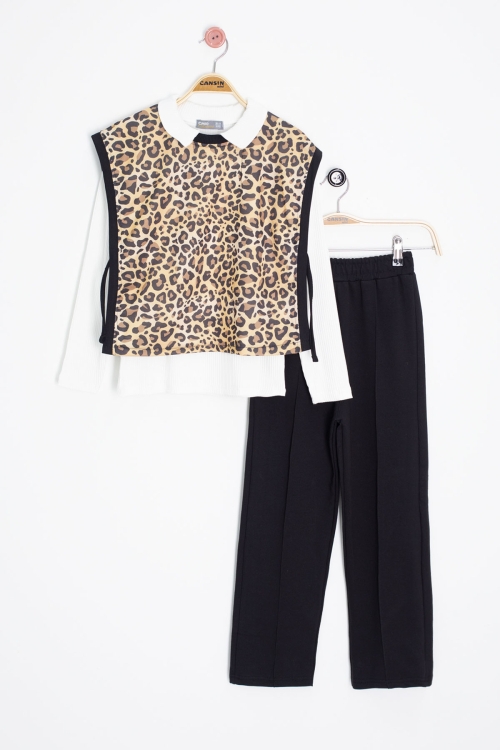 Beyaz Leopar Desenli Süveterli Badili Kız Çocuk Pantolonlu 3lü Takım 20690