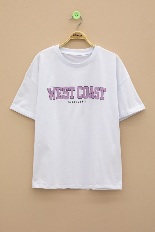 Beyaz West Coast Yazılı Kısa Kol Kız Çocuk Bisiklet Yaka Tişört 21025