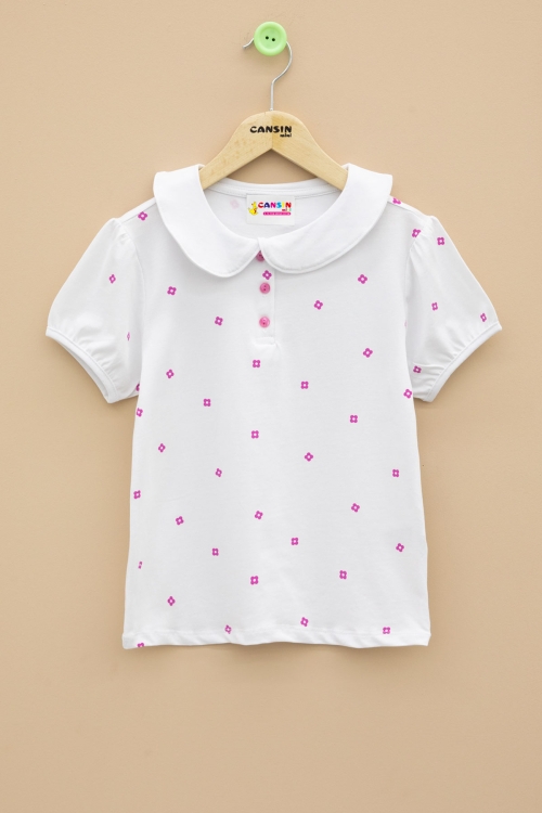 Ekru Çiçek Desenli Düğmeli Yaka Kız Çocuk Tişört 20987