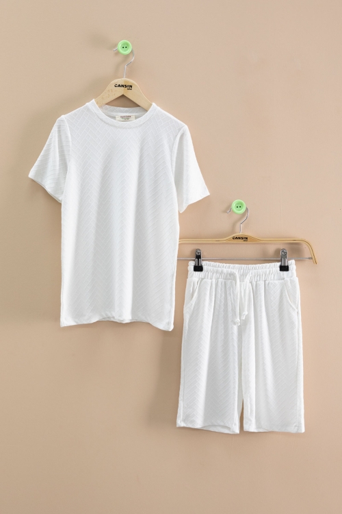 Ekru Çizgi Desenli Bisiklet Yaka Tişörtlü Erkek Çocuk Şortlu Takım 20787