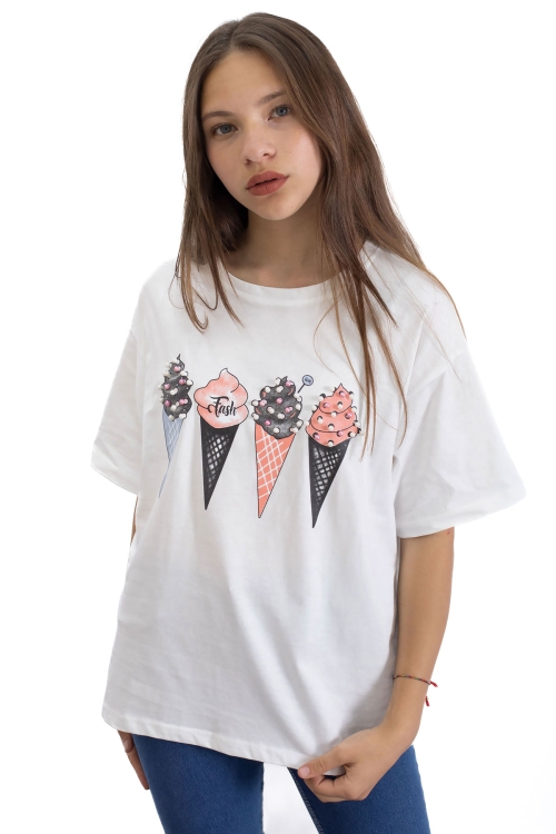 Ekru Dondurma Baskılı Taşlı Kız Çocuk Kısa Kol Oversize Tişört 20793