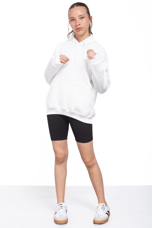 Ekru Kanguru Cepli Basic Şardonlu Kız Çocuk Kapüşonlu Sweatshirt 21210