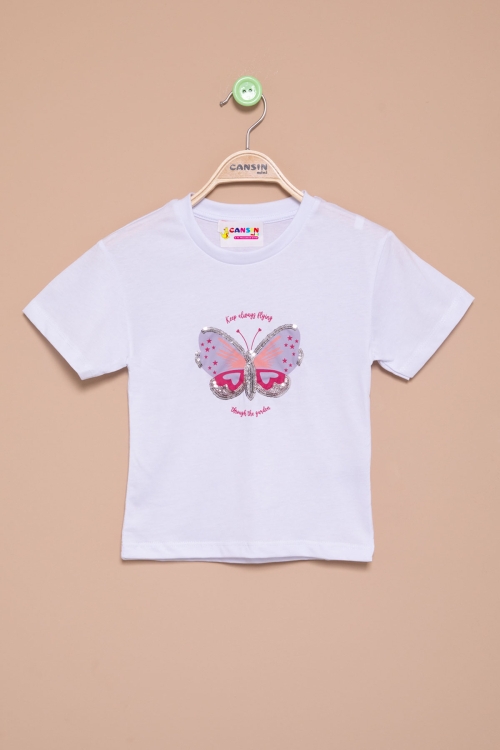 Ekru Kelebek Baskılı Payetli Kız Çocuk Tişört 20997